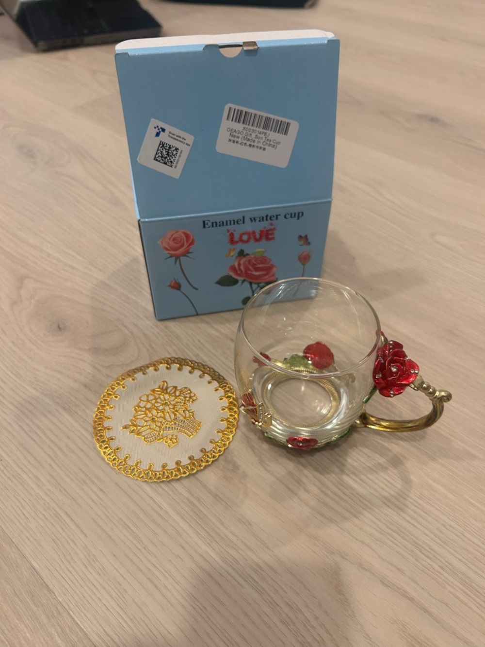 Amazon Glass Enamel Water Cup with Red Rose Accent and Gold Handle